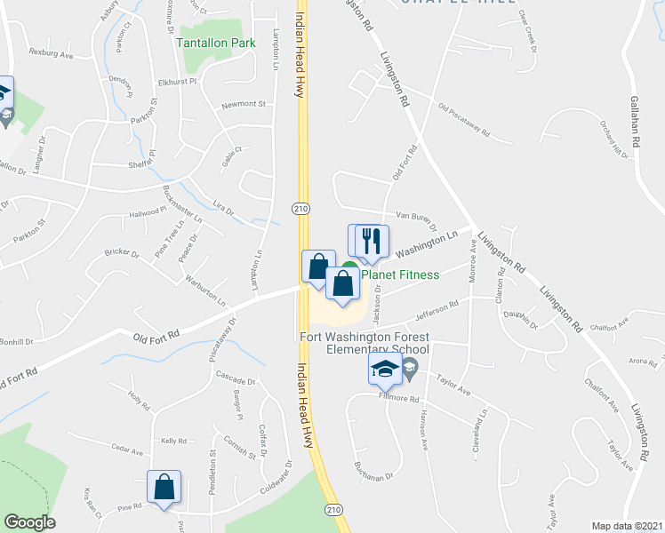 map of restaurants, bars, coffee shops, grocery stores, and more near 12811 Old Fort Road in Fort Washington