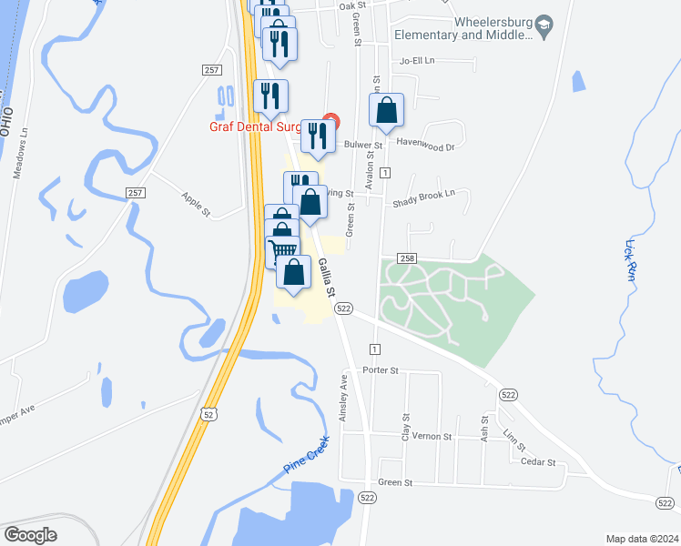 map of restaurants, bars, coffee shops, grocery stores, and more near 9070 Ohio River Road in Wheelersburg