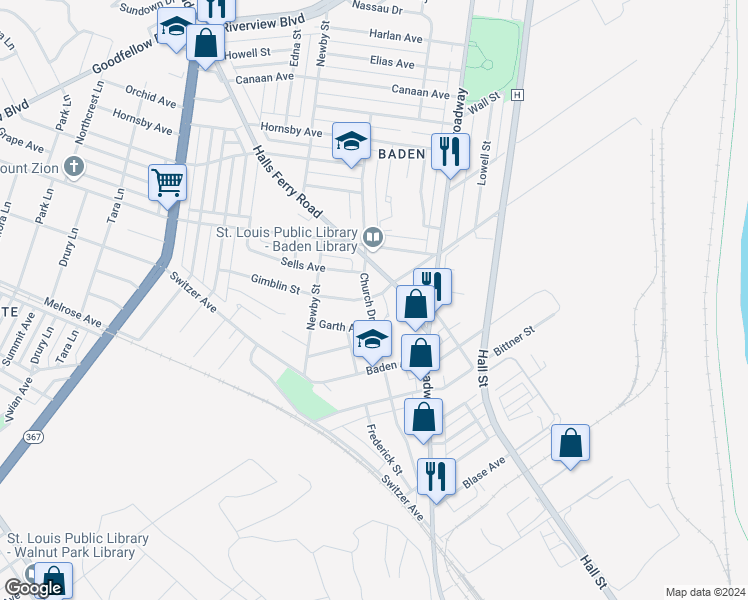 map of restaurants, bars, coffee shops, grocery stores, and more near 8326 Church Road in St. Louis