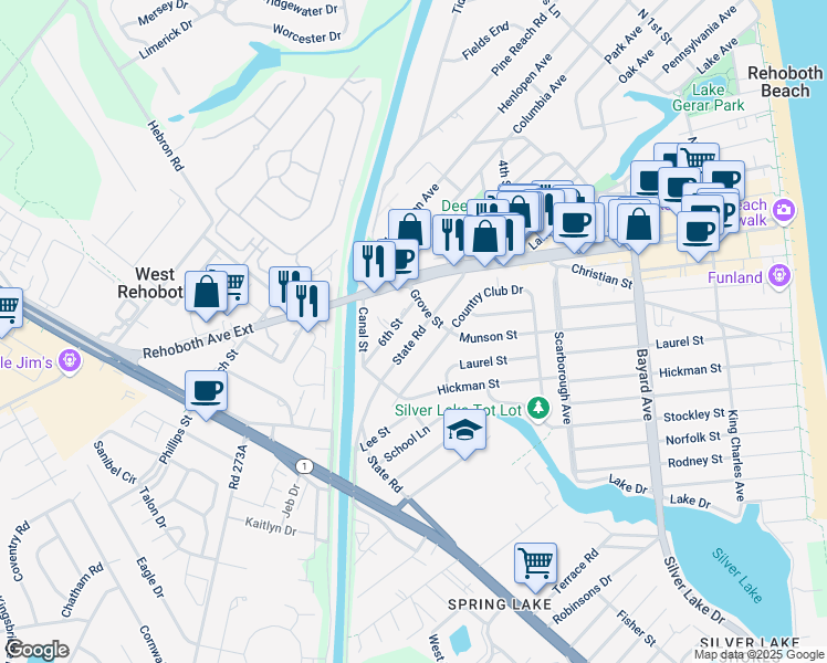 map of restaurants, bars, coffee shops, grocery stores, and more near 2 State Road in Rehoboth Beach