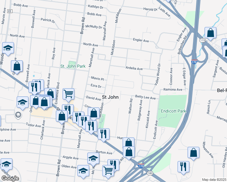 map of restaurants, bars, coffee shops, grocery stores, and more near 3414 Havenbrook Drive in St. Louis