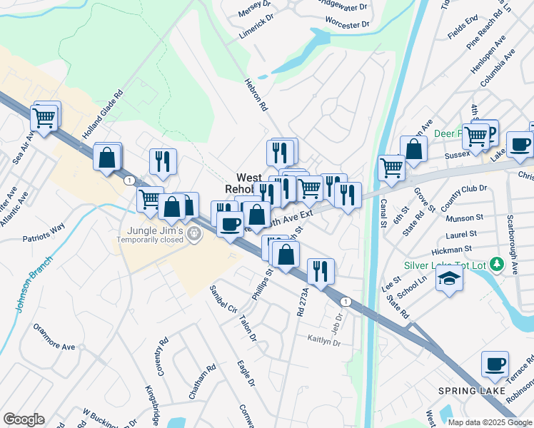 map of restaurants, bars, coffee shops, grocery stores, and more near 100 Henlopen Stat in Rehoboth Beach
