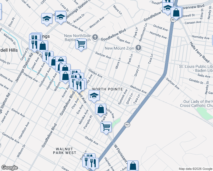 map of restaurants, bars, coffee shops, grocery stores, and more near 5947 Alpha Avenue in St. Louis