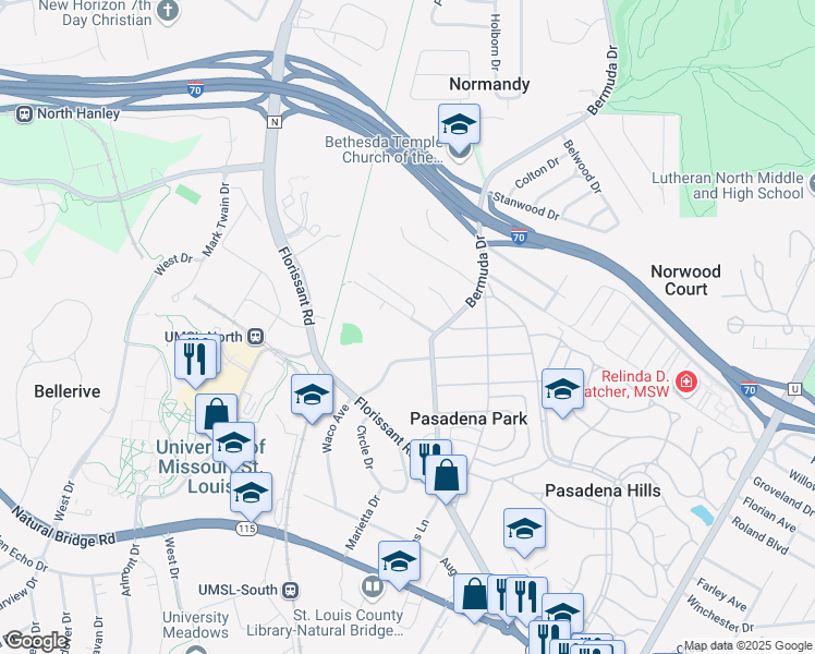 map of restaurants, bars, coffee shops, grocery stores, and more near 7711 Springdale Drive in St. Louis