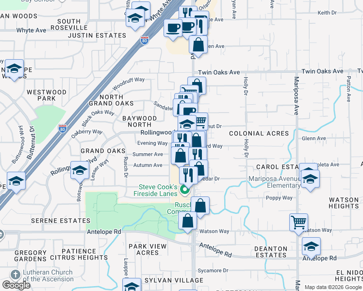 map of restaurants, bars, coffee shops, grocery stores, and more near 7484 Evening Way in Citrus Heights