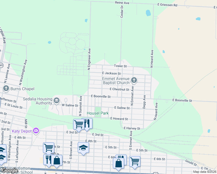 map of restaurants, bars, coffee shops, grocery stores, and more near 219 East Chestnut Street in Sedalia
