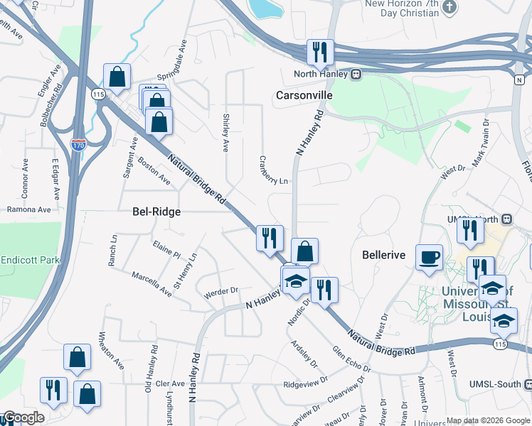 map of restaurants, bars, coffee shops, grocery stores, and more near 8818 Alva Avenue in St. Louis
