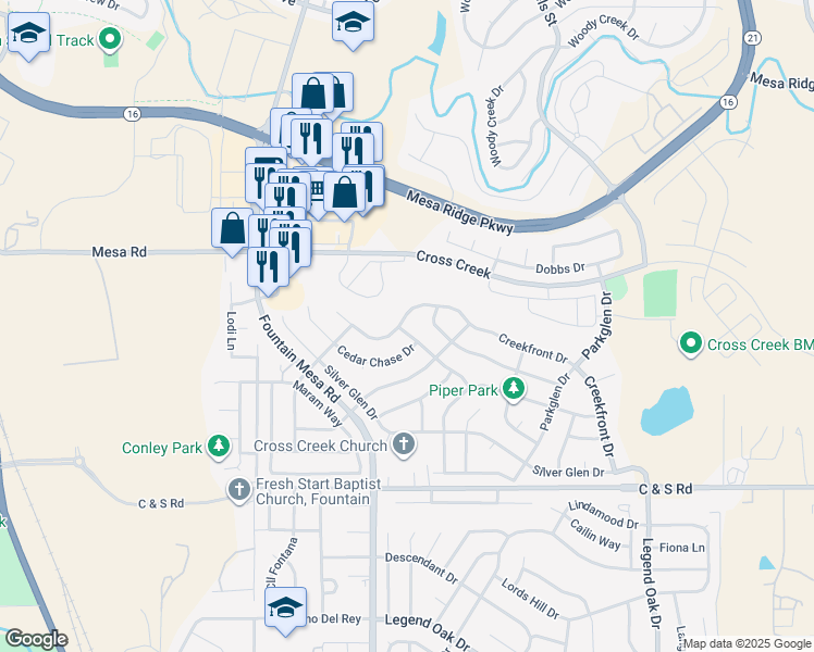 map of restaurants, bars, coffee shops, grocery stores, and more near 7131 Creekfront Drive in Fountain