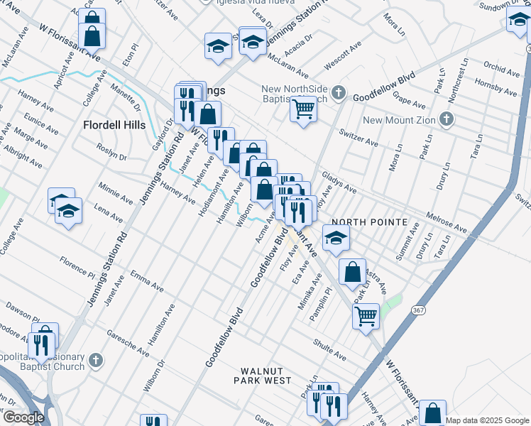 map of restaurants, bars, coffee shops, grocery stores, and more near 6400 West Florissant Avenue in Jennings
