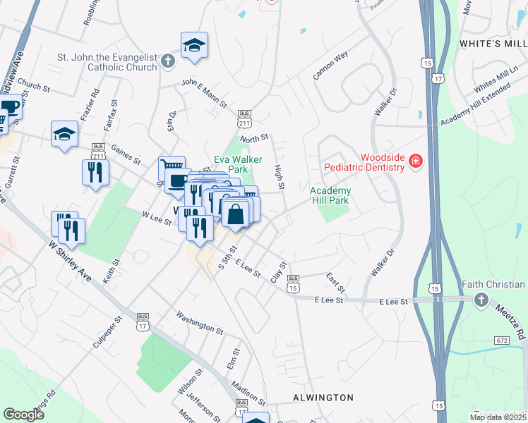 map of restaurants, bars, coffee shops, grocery stores, and more near 115 Horner Street in Warrenton