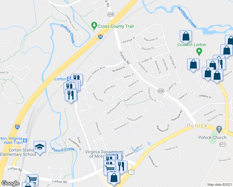 map of restaurants, bars, coffee shops, grocery stores, and more near 7606 Whitley Way in Lorton