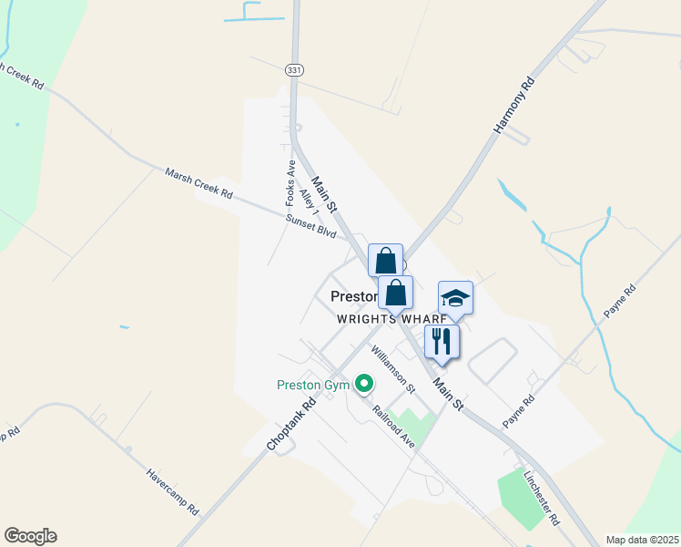 map of restaurants, bars, coffee shops, grocery stores, and more near 107 Lednum Avenue in Preston