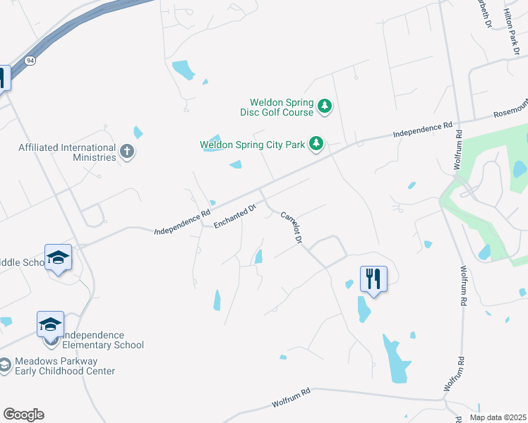 map of restaurants, bars, coffee shops, grocery stores, and more near 275 Grail Castle Court in Weldon Spring