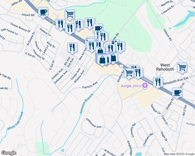 map of restaurants, bars, coffee shops, grocery stores, and more near Patriots Way in Georgetown