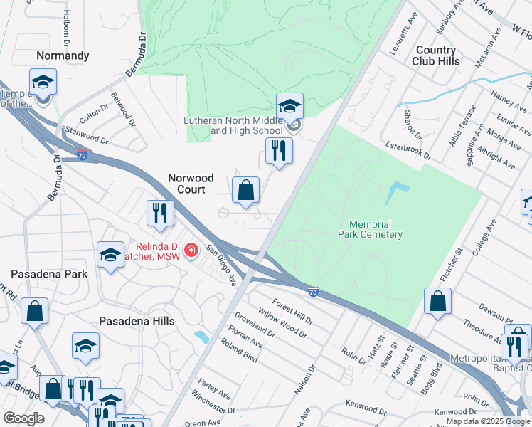 map of restaurants, bars, coffee shops, grocery stores, and more near 7213 Burrwood Drive in St. Louis