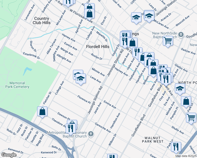 map of restaurants, bars, coffee shops, grocery stores, and more near 7019 Lena Avenue in Jennings