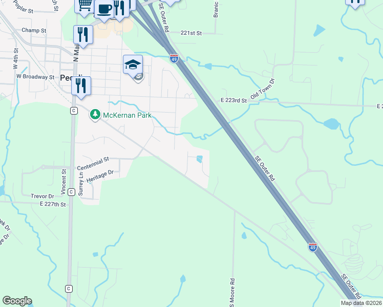 map of restaurants, bars, coffee shops, grocery stores, and more near 802 South Morgan Drive in Peculiar