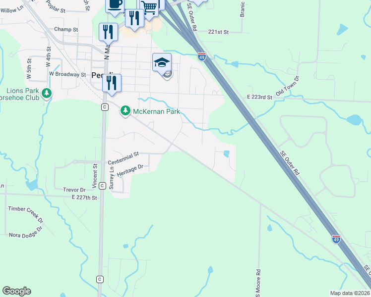 map of restaurants, bars, coffee shops, grocery stores, and more near 748 South Peculiar Drive in Peculiar