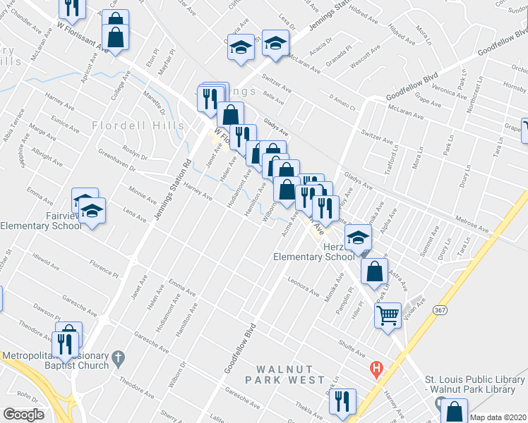 map of restaurants, bars, coffee shops, grocery stores, and more near 5719 Wilborn Drive in Jennings