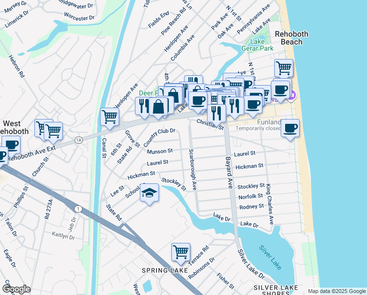 map of restaurants, bars, coffee shops, grocery stores, and more near 201 Country Club Drive in Rehoboth Beach