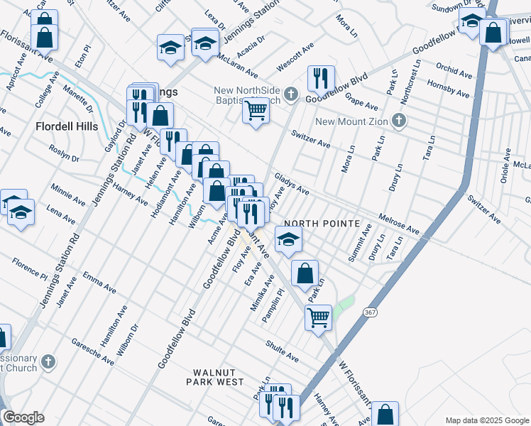 map of restaurants, bars, coffee shops, grocery stores, and more near 6201 North Pointe Boulevard in St. Louis