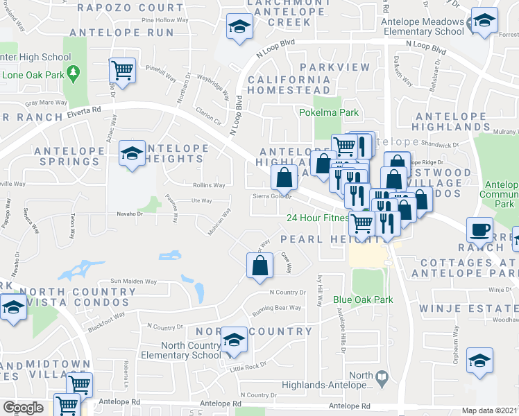 map of restaurants, bars, coffee shops, grocery stores, and more near 7945 White Gold Court in Antelope