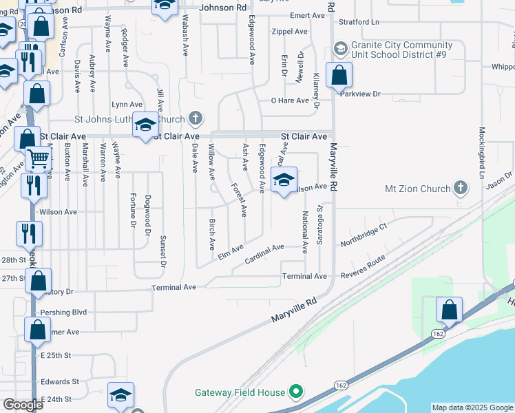 map of restaurants, bars, coffee shops, grocery stores, and more near 2836 Edgewood Avenue in Granite City