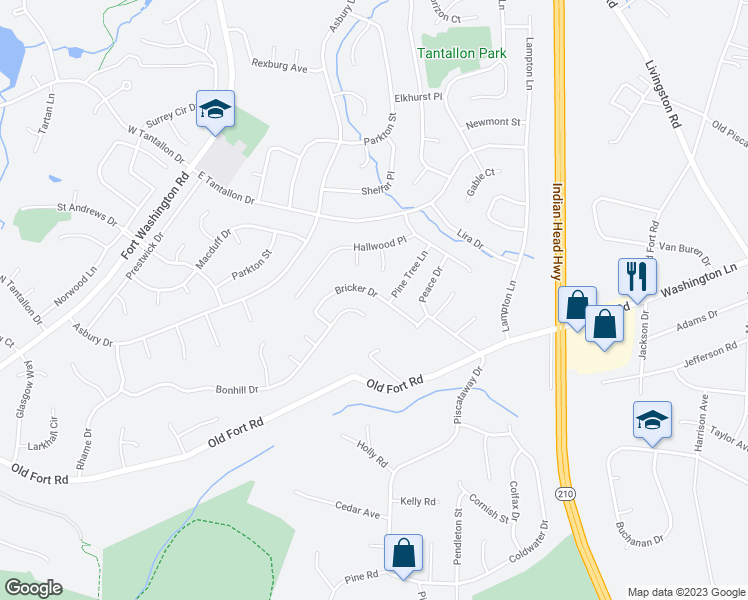 map of restaurants, bars, coffee shops, grocery stores, and more near 607 Bricker Drive in Fort Washington