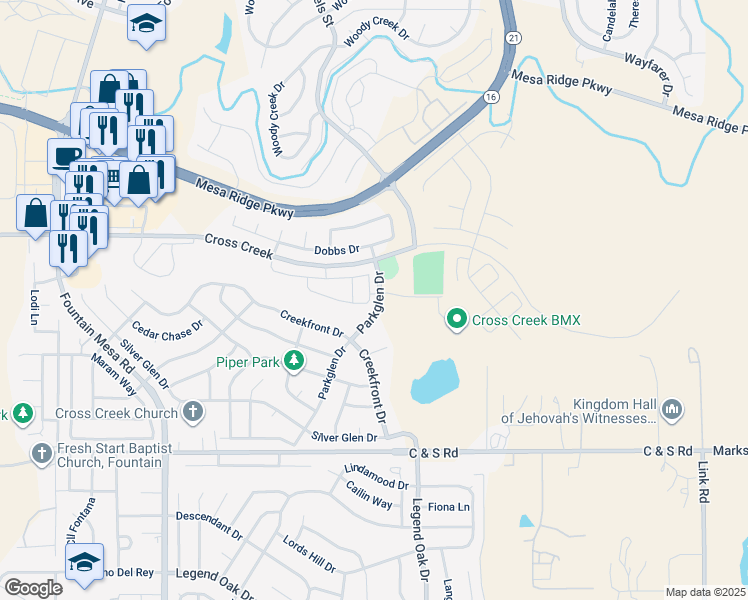 map of restaurants, bars, coffee shops, grocery stores, and more near 7674 Sandy Springs Point in Fountain