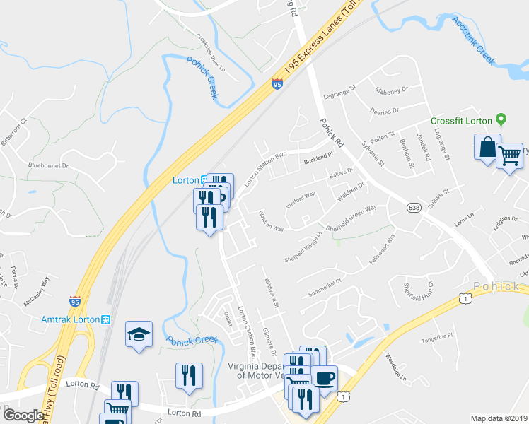 map of restaurants, bars, coffee shops, grocery stores, and more near 8913 Waldren Way in Lorton