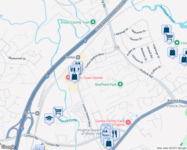 map of restaurants, bars, coffee shops, grocery stores, and more near 8913 Waldren Way in Lorton