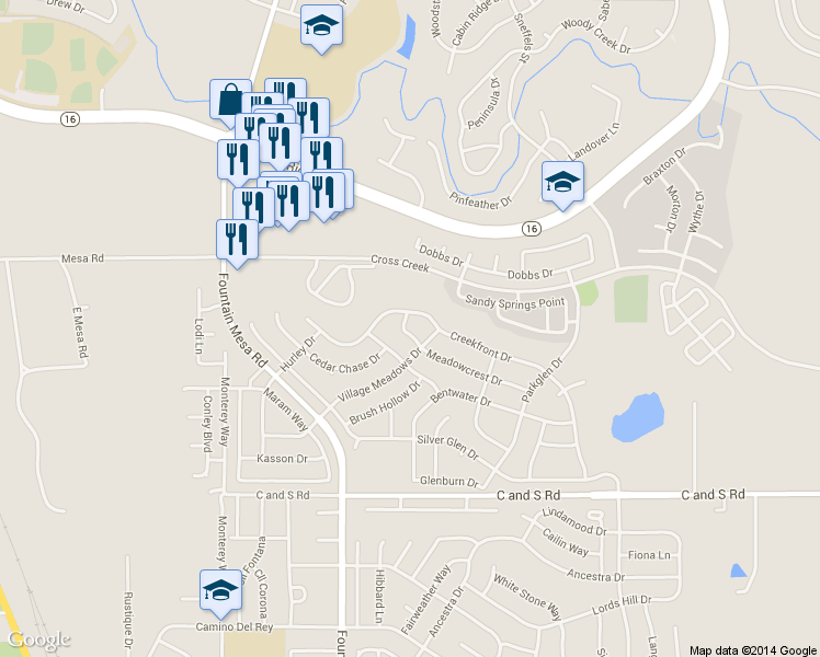 map of restaurants, bars, coffee shops, grocery stores, and more near 8179 Meadowcrest Drive in Fountain