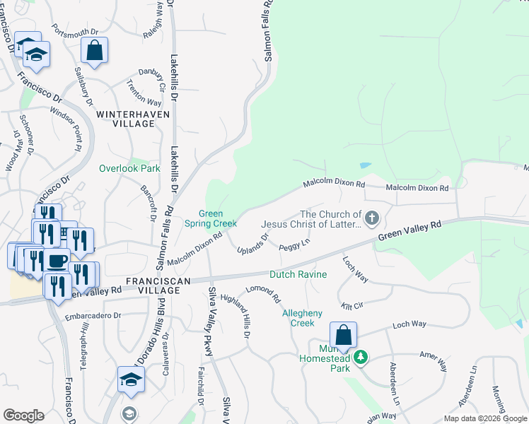 map of restaurants, bars, coffee shops, grocery stores, and more near 1164 Malcolm Dixon Road in El Dorado Hills