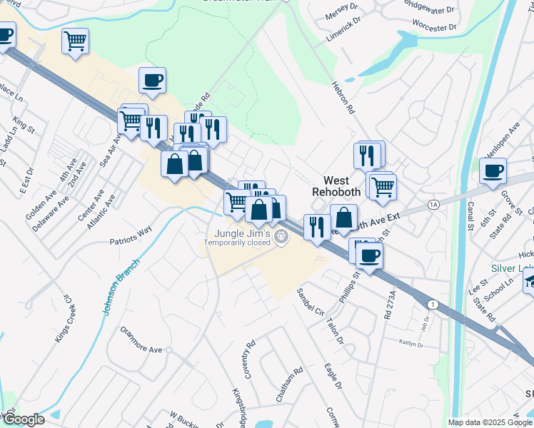map of restaurants, bars, coffee shops, grocery stores, and more near 19930 Coastal Highway in Rehoboth Beach