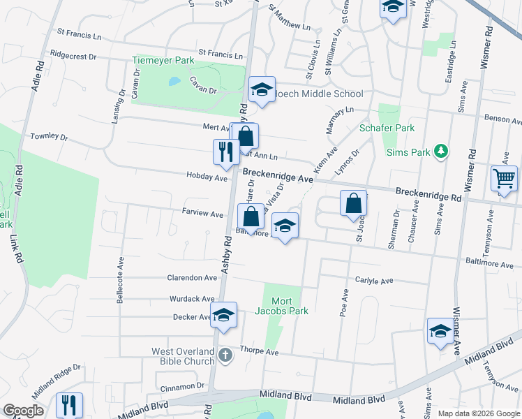 map of restaurants, bars, coffee shops, grocery stores, and more near 3123 La Vista Drive in Saint Ann