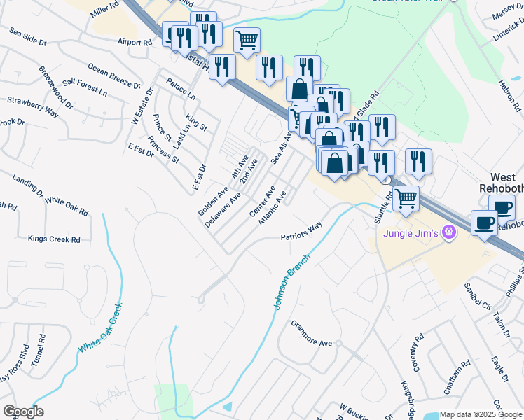map of restaurants, bars, coffee shops, grocery stores, and more near 19909 Center Avenue in Rehoboth Beach
