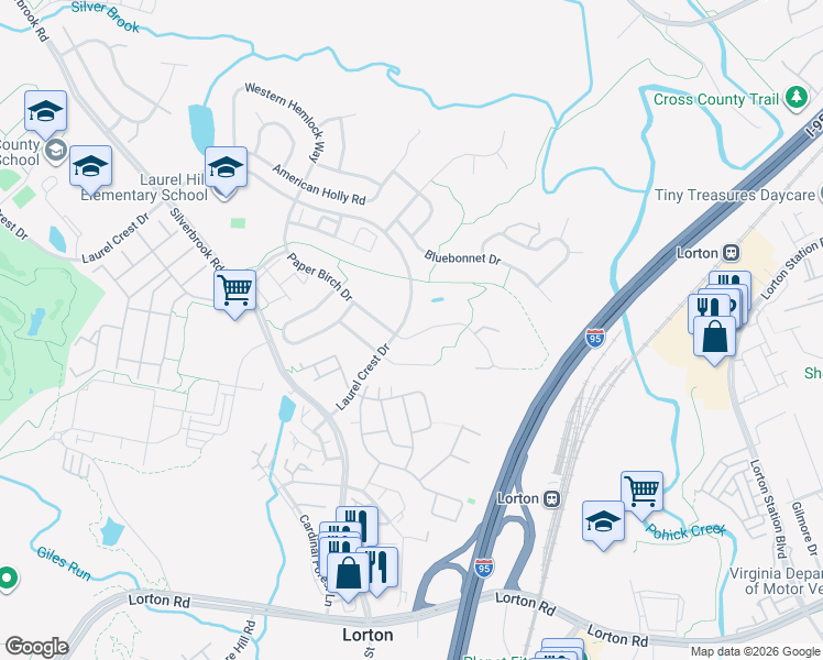 map of restaurants, bars, coffee shops, grocery stores, and more near 8094 Paper Birch Drive in Lorton