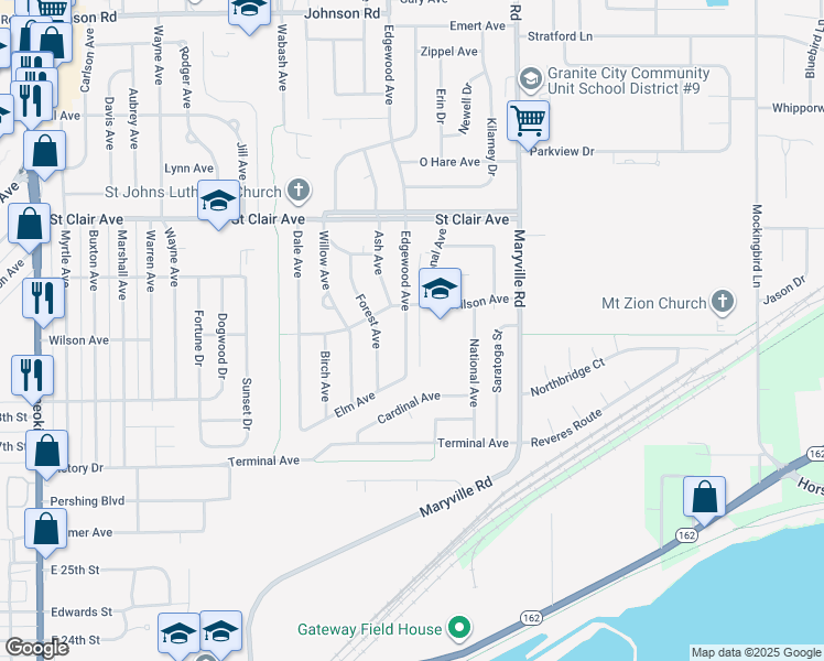 map of restaurants, bars, coffee shops, grocery stores, and more near 2836 Edgewood Avenue in Granite City