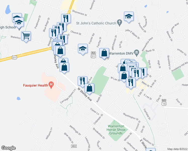 map of restaurants, bars, coffee shops, grocery stores, and more near 85 Moffett Avenue in Warrenton