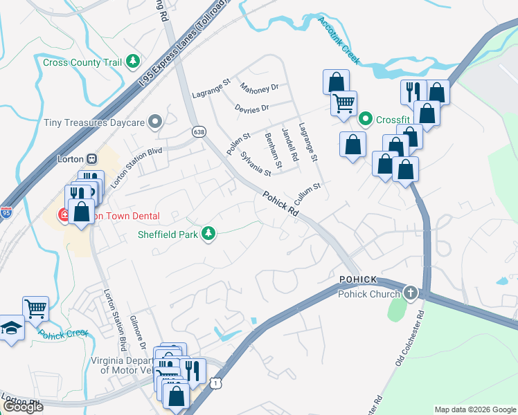 map of restaurants, bars, coffee shops, grocery stores, and more near 9007 Dolsie Grove Drive in Lorton