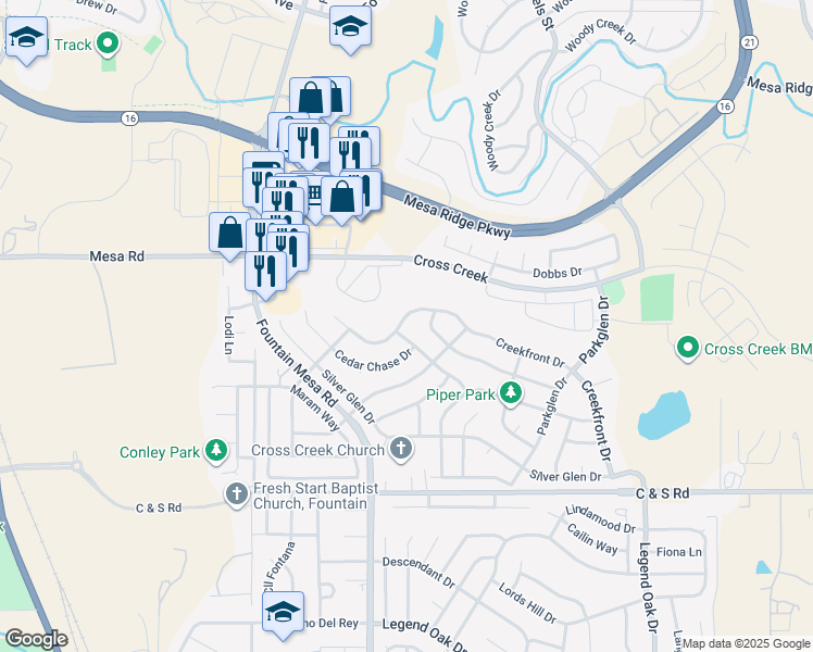 map of restaurants, bars, coffee shops, grocery stores, and more near 7131 Creekfront Drive in Fountain