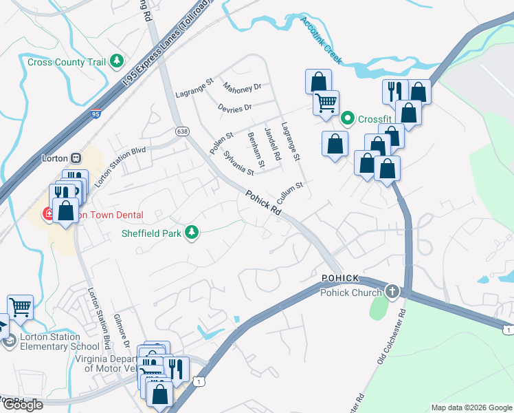 map of restaurants, bars, coffee shops, grocery stores, and more near 7601 Surry Grove Court in Lorton
