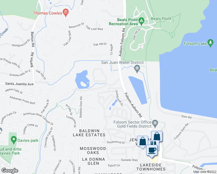 map of restaurants, bars, coffee shops, grocery stores, and more near 361 Overbrook Drive in Folsom