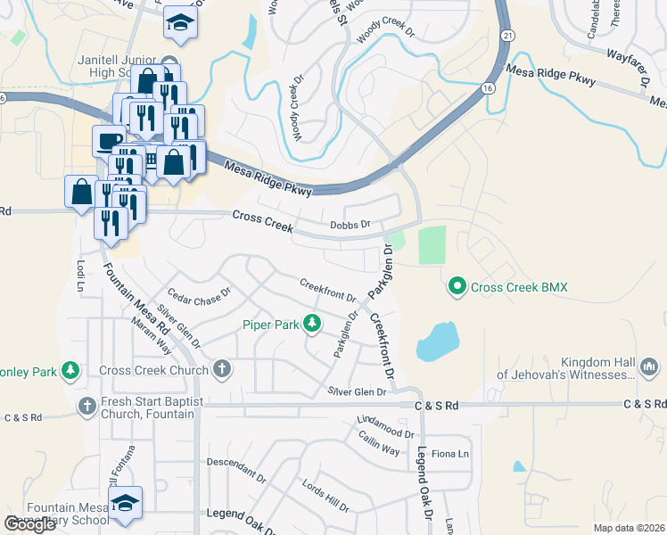 map of restaurants, bars, coffee shops, grocery stores, and more near 7860 Sandy Springs Point in Fountain