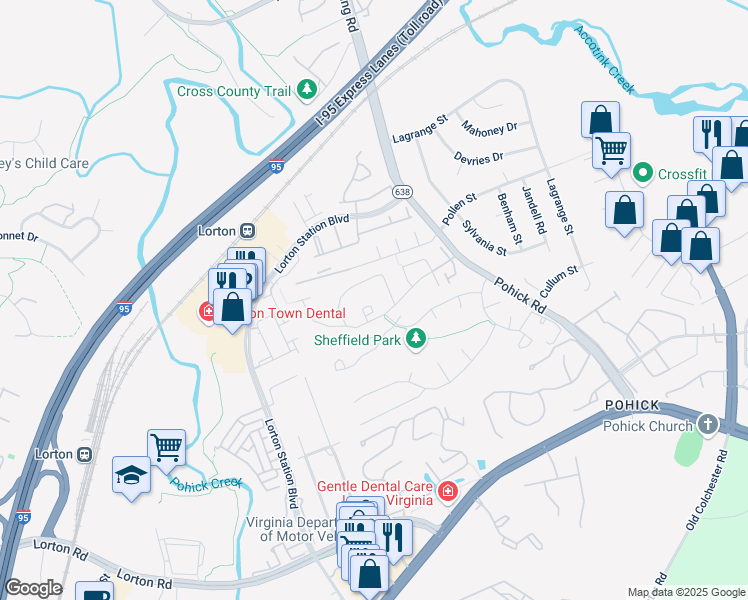 map of restaurants, bars, coffee shops, grocery stores, and more near 7651 Wolford Way in Lorton