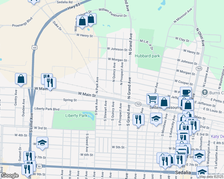 map of restaurants, bars, coffee shops, grocery stores, and more near 309 Quincy Avenue in Sedalia