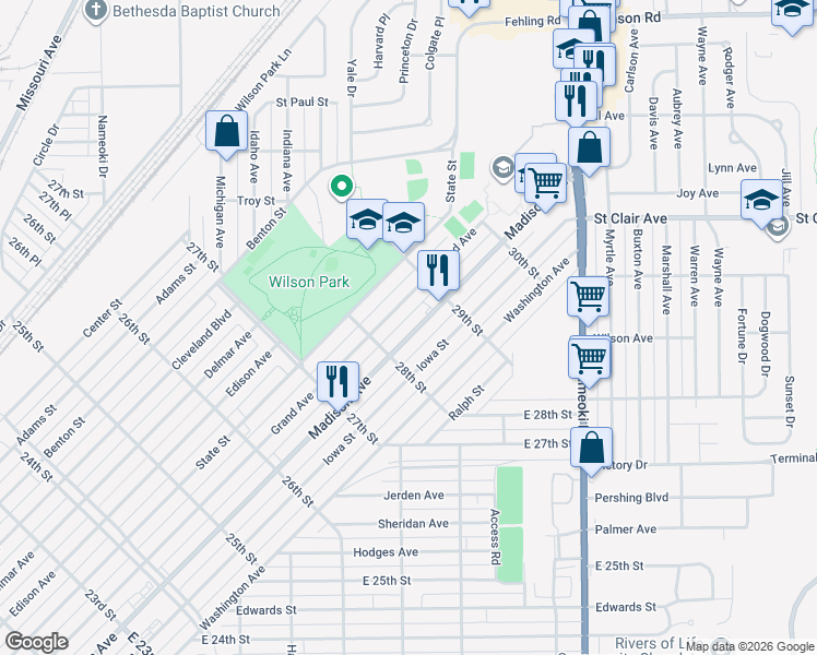 map of restaurants, bars, coffee shops, grocery stores, and more near 2817 Madison Avenue in Granite City