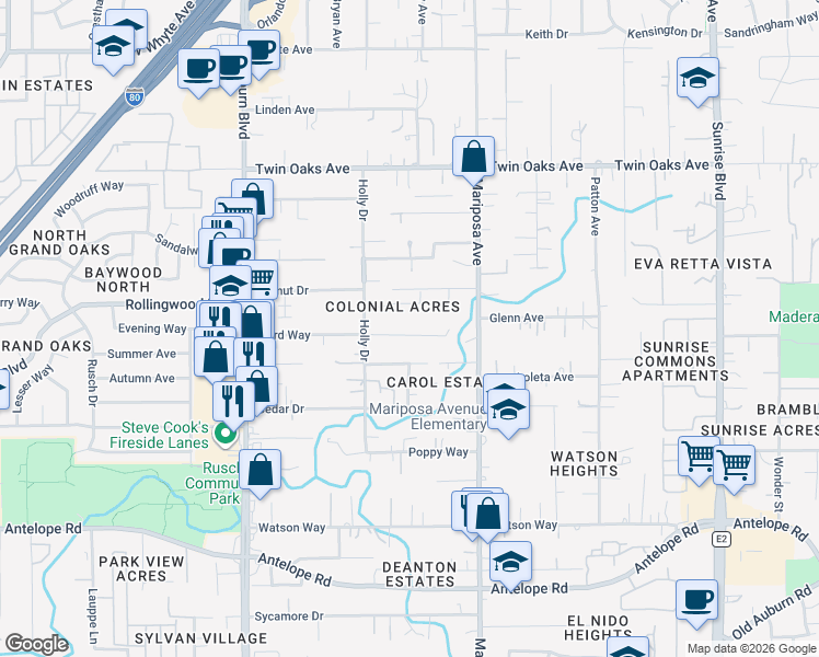 map of restaurants, bars, coffee shops, grocery stores, and more near 7641 Baird Way in Citrus Heights