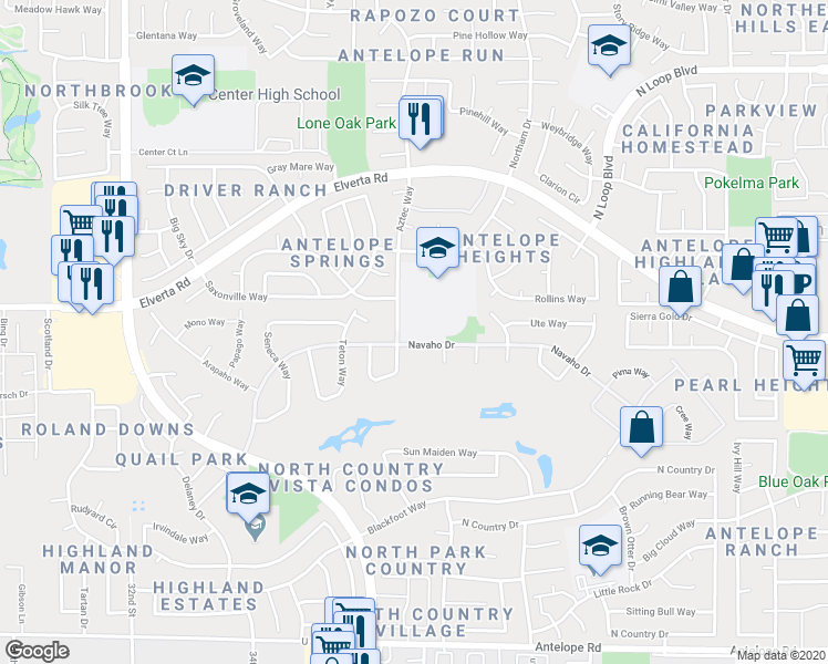 map of restaurants, bars, coffee shops, grocery stores, and more near 7916 Aztec Way in Antelope