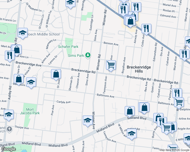 map of restaurants, bars, coffee shops, grocery stores, and more near 3131 Wismer Avenue in Breckenridge Hills